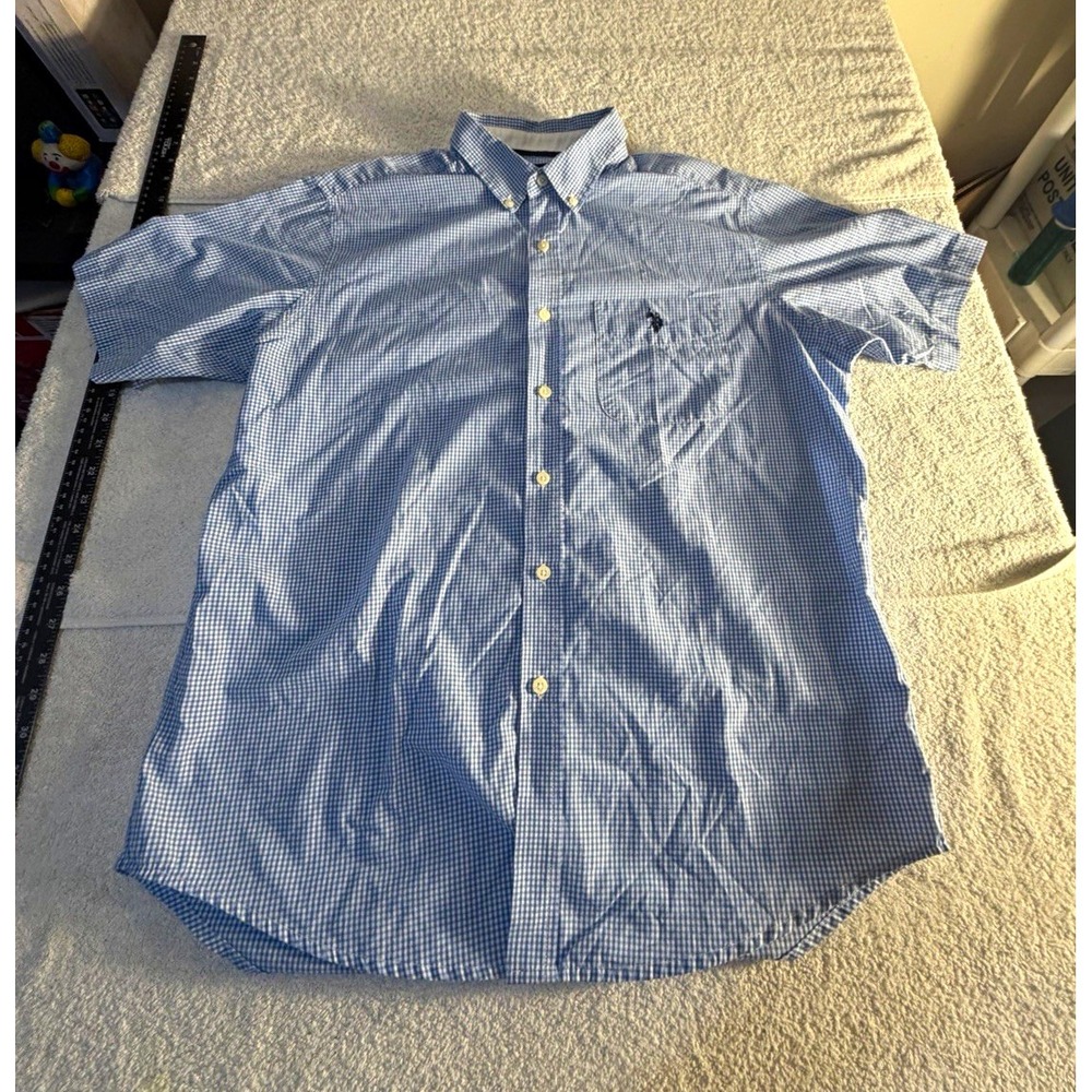 U.S. Polo Assn. Mens L Blue White Check SS Button-Down Button-Up Shirt Pockets